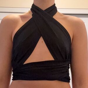 SHEIN Black Cross Halter Crop Top